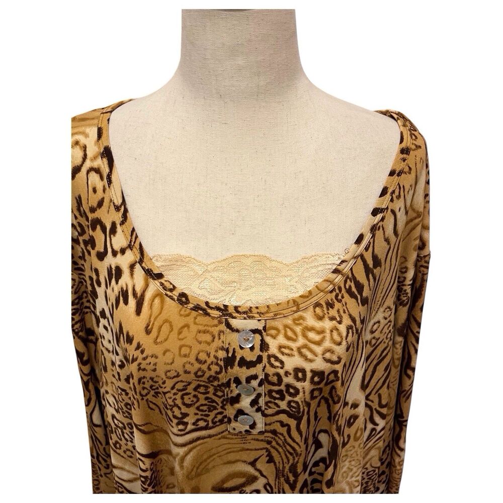SUSAN GRAVER Liquid Knit Blouse Womens Large Top 3/4 Sleeve Cheetah Print Lace - Picture 6 of 7
